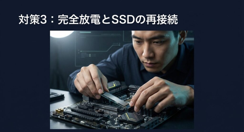 パソコンの完全放電とM.2 SSDの再接続を行っている作業風景