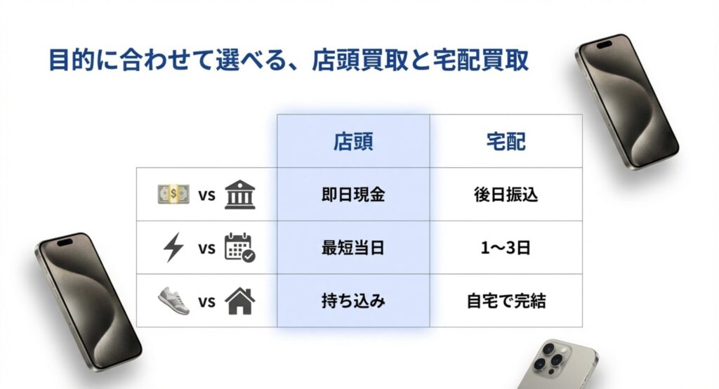 目的に合わせて選べる店頭買取と宅配買取の比較表