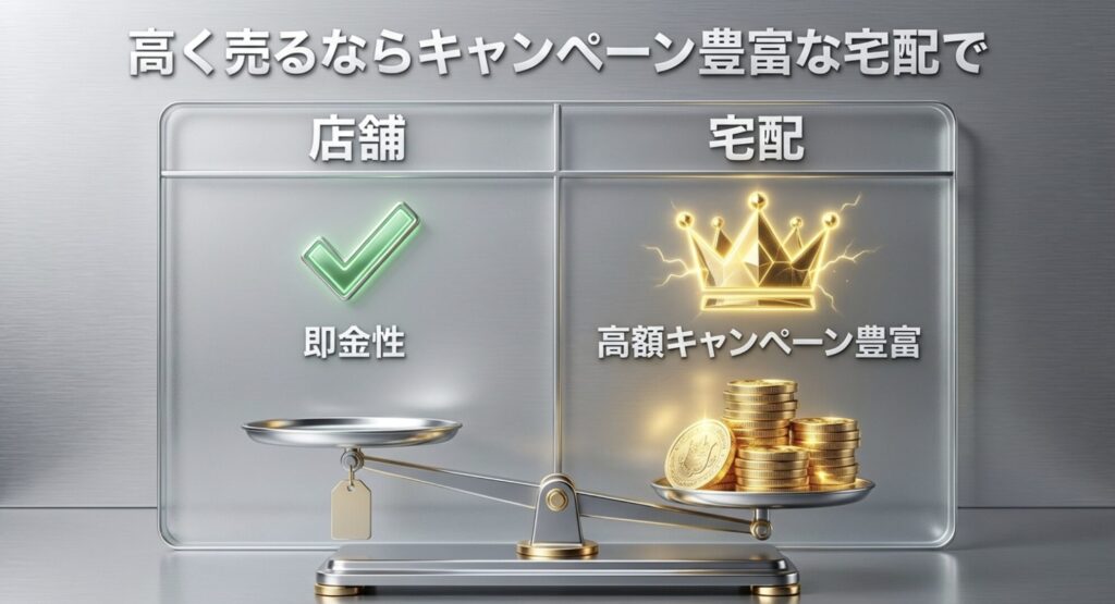店舗持ち込みと宅配買取の比較。高額キャンペーンが豊富な宅配買取を推奨する王冠のイラスト