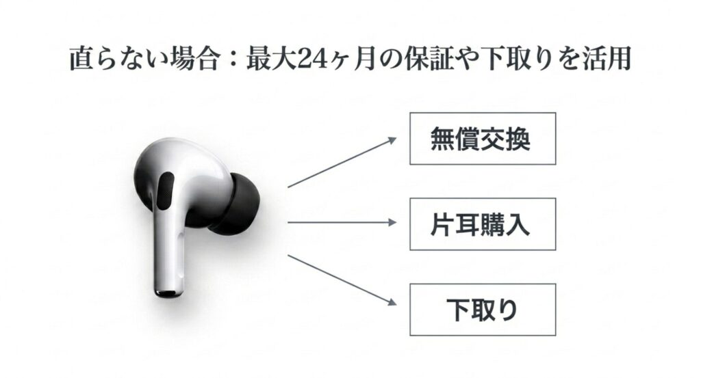 イヤホンの画像と、直らない場合の選択肢として無償交換、片耳購入、下取りの3パターンを示すスライド