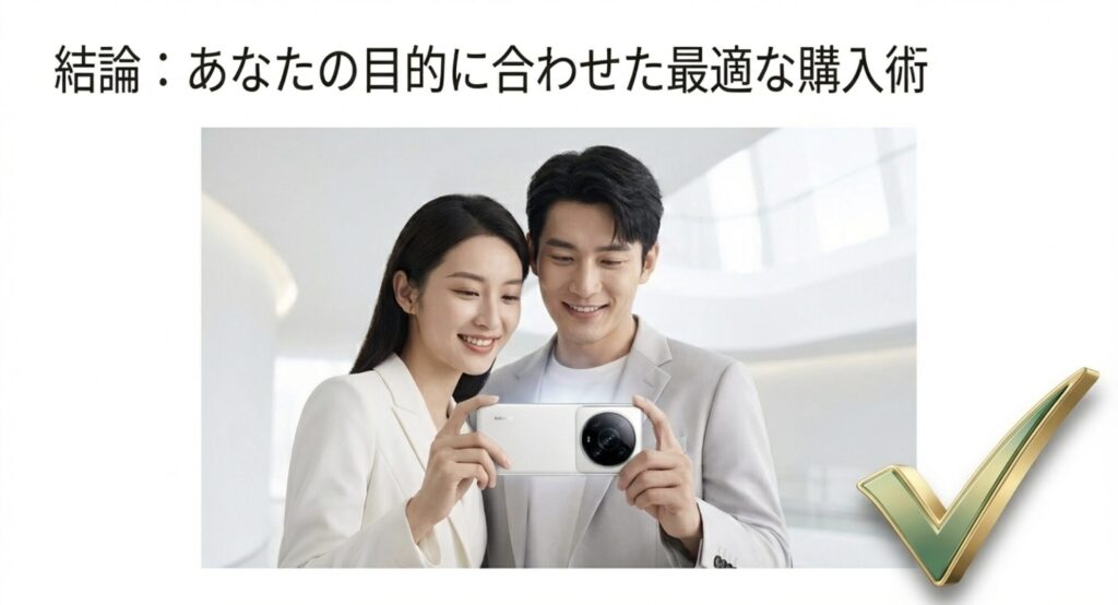 目的に合わせてXiaomi 15 Ultraを最適に購入する方法をまとめた結論スライド
