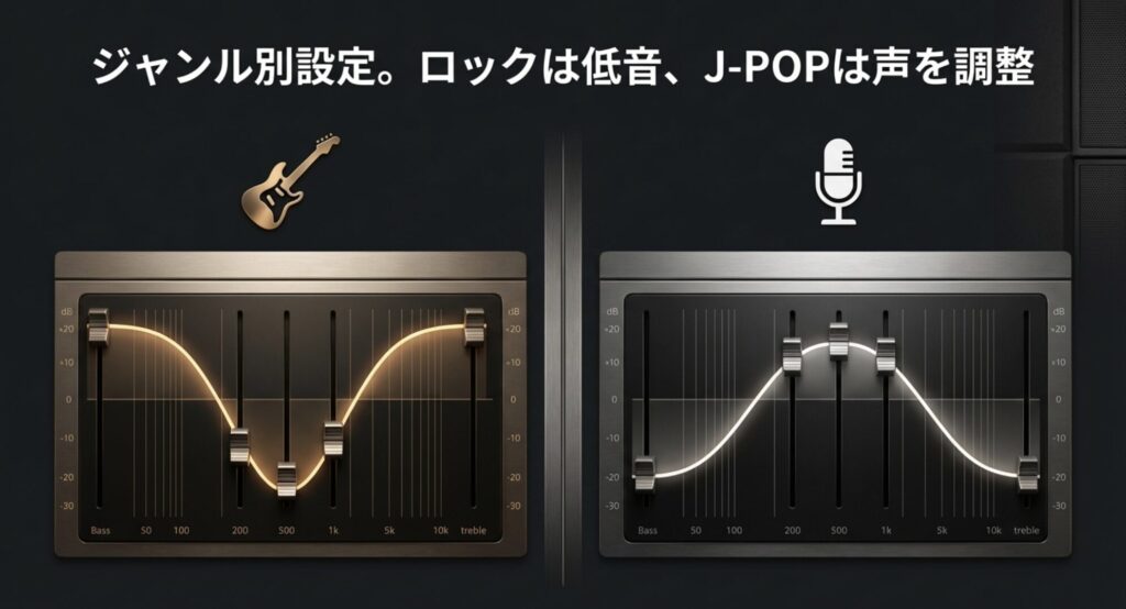 ロックは低音、J-POPはボーカルなど、音楽ジャンルに合わせて周波数を調整するイコライザー画面