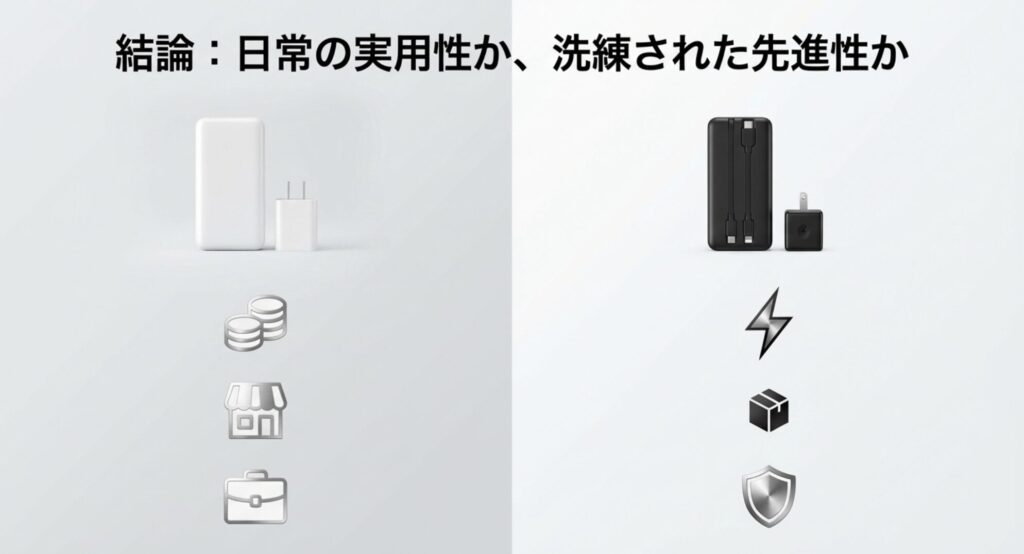 結論として日常の実用性か洗練された先進性かのどちらを選ぶべきかを示すスライド画像
