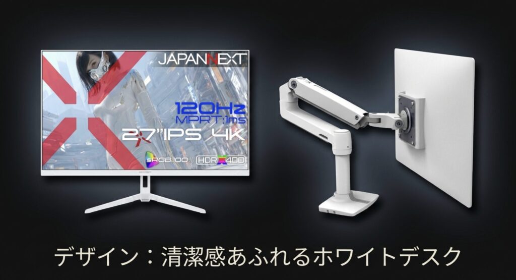 グラフィックデザインにおすすめの、清潔感のあるホワイトで統一されたデスク環境