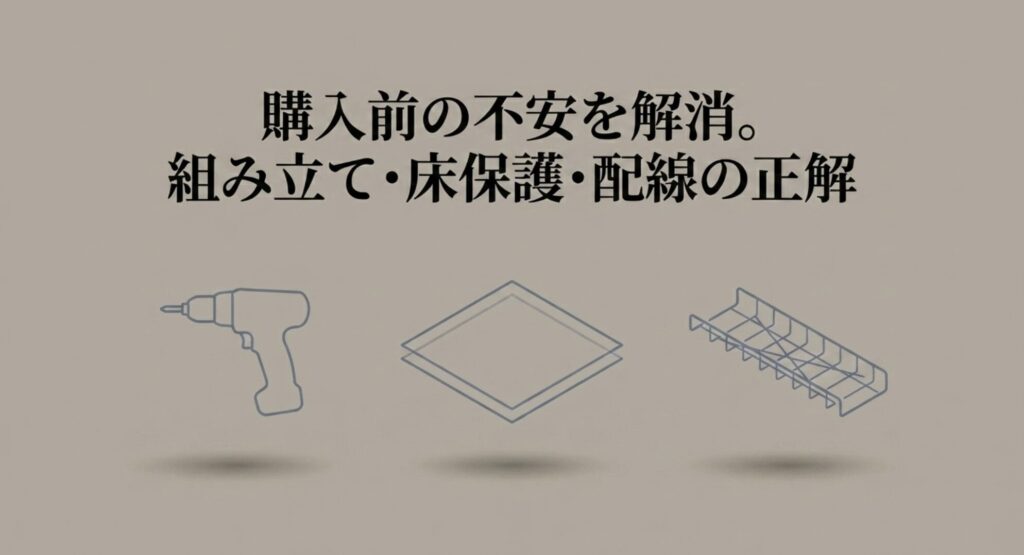 デスク購入前の不安を解消するための組み立て・床保護・配線に関するスライド