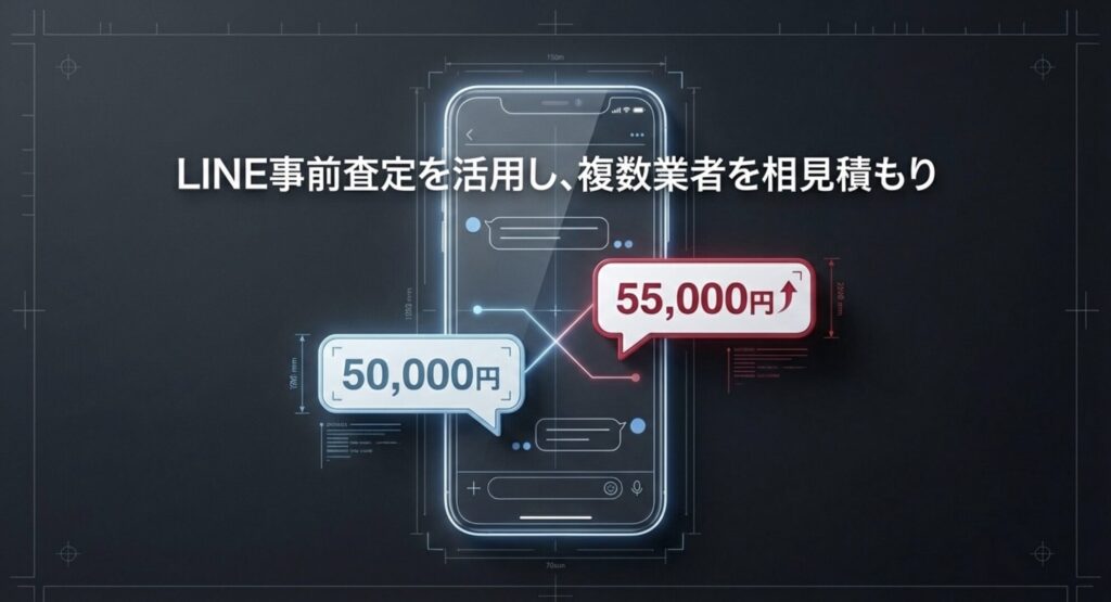 スマートフォンのLINE画面で買取査定額が50,000円から55,000円にアップしているイメージ