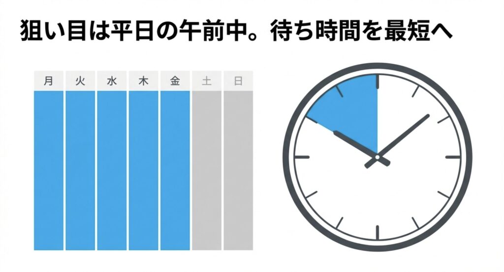 スマホ買取の待ち時間を最短にするために平日午前中の来店を推奨するカレンダーと時計のイメージ