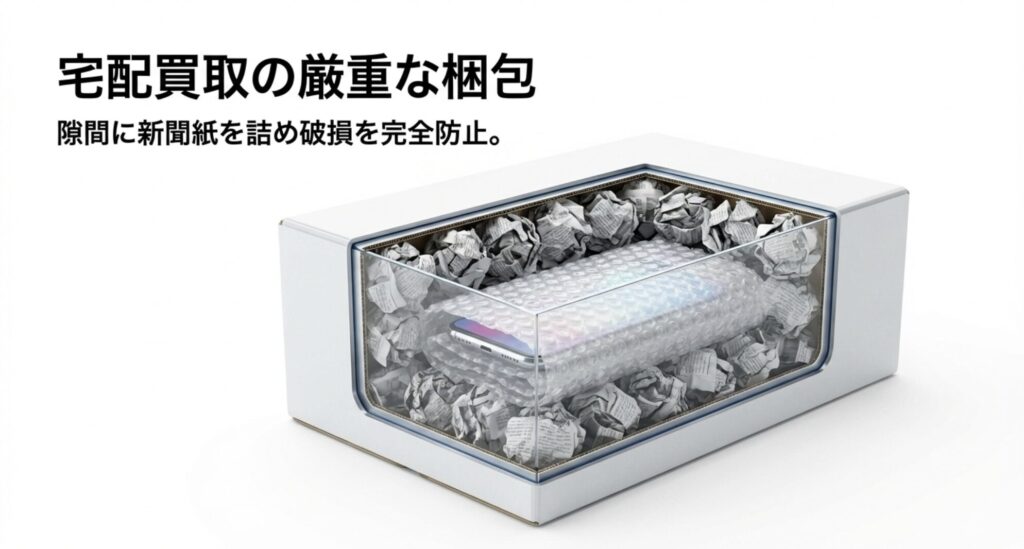 プチプチに包まれたスマホとダンボールの隙間に詰められた新聞紙による厳重な梱包状態