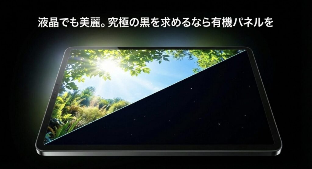 液晶でも美麗な映像と、究極の黒を表現する有機パネルを比較したイメージ画像