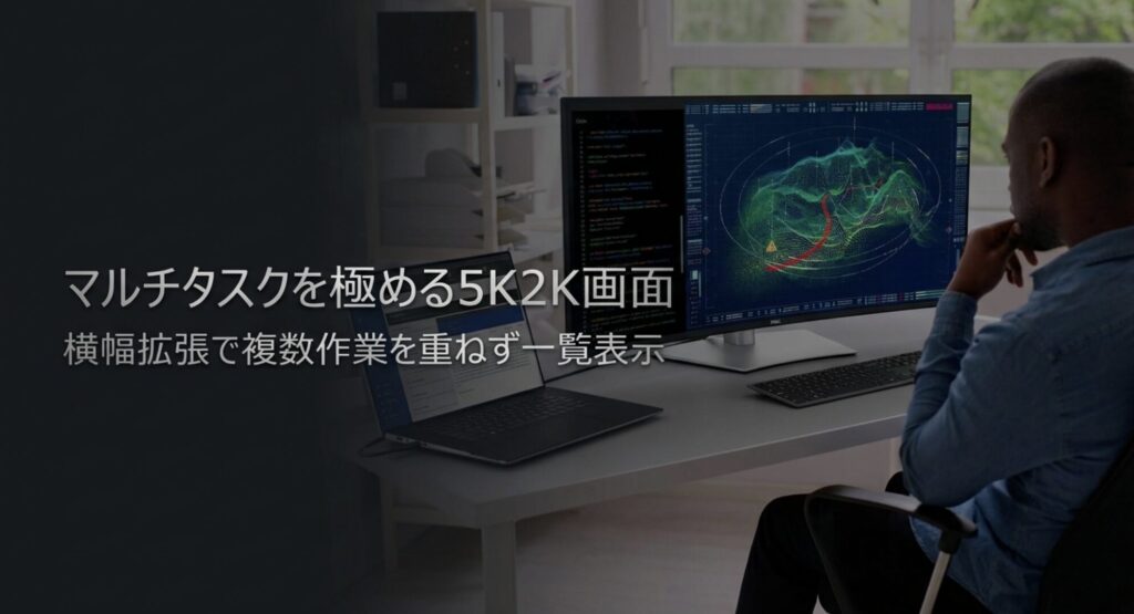 横幅拡張で複数作業を重ねず一覧表示できるマルチタスクに最適な5K2K画面スライド