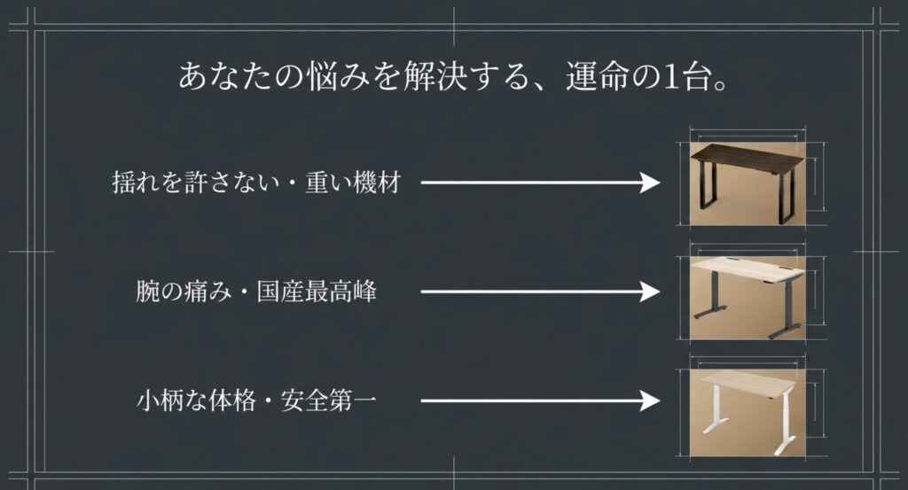 あなたの悩みを解決する、運命の1台。目的別のハイエンドデスク選びの結論