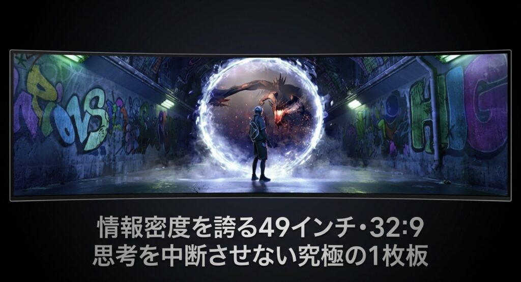 思考を中断させない究極の1枚板となる情報密度を誇る49インチ比率32:9のモニタースライド