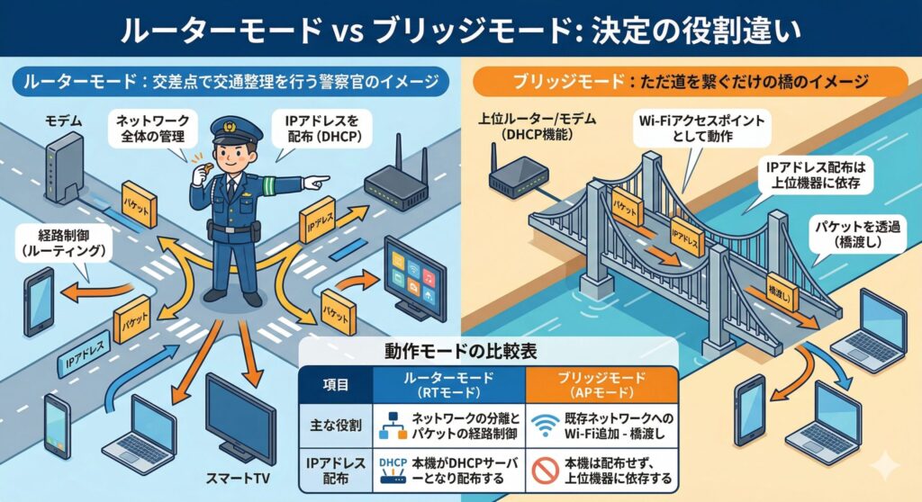ルーターモード（交通整理をする警察官）とブリッジモード（道を繋ぐ橋）の役割と仕組みの違いをわかりやすく比較した図解