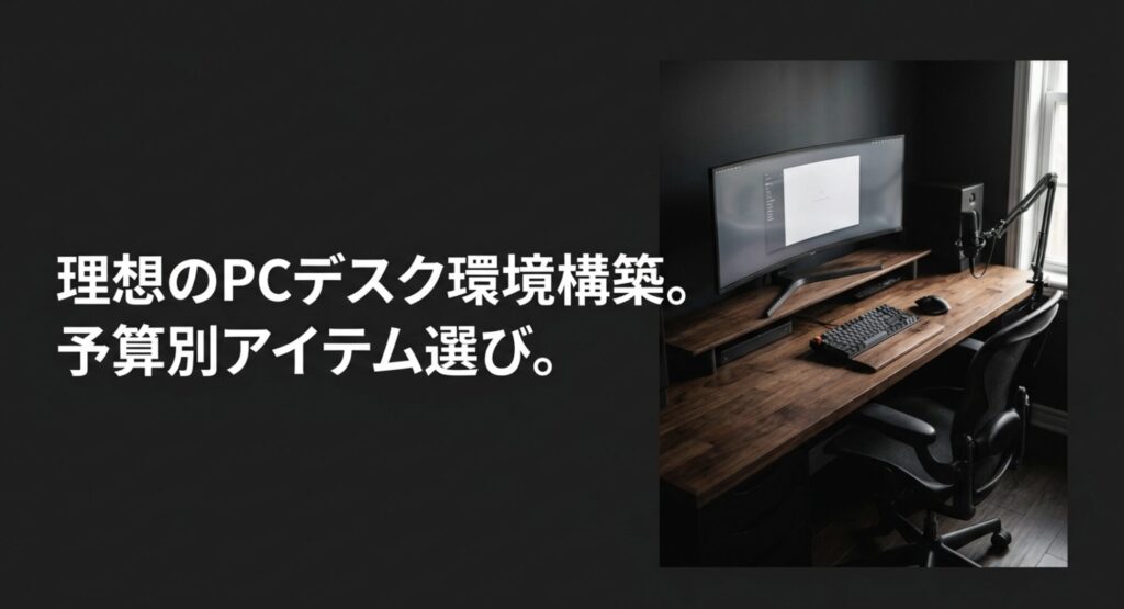 理想のPCデスク環境構築と予算別アイテム選びのタイトルスライド