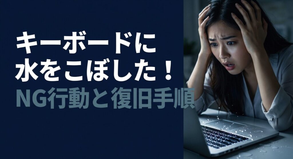 水に濡れたキーボードの復旧手順とNG行動を解説するタイトルスライド