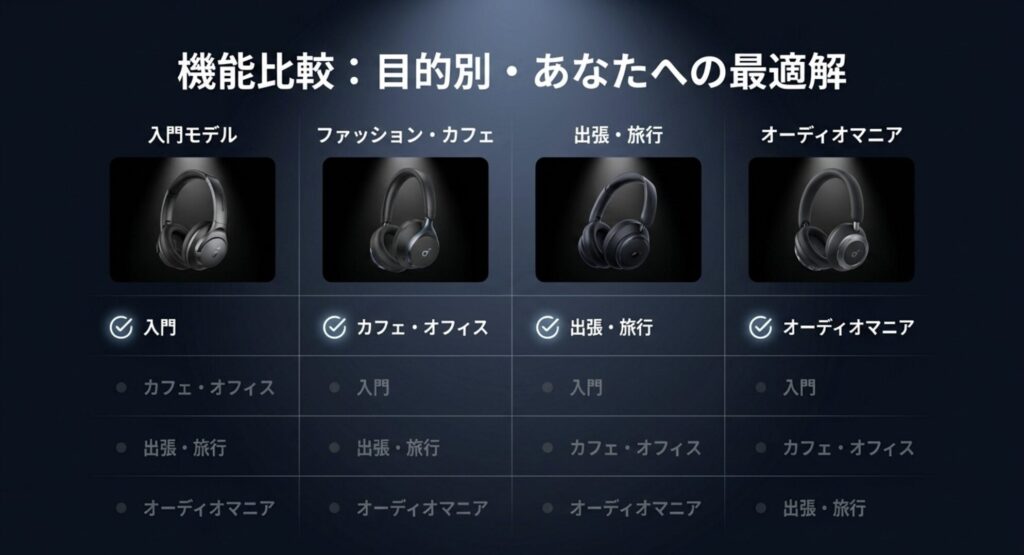 Ankerヘッドホンの目的別・機能別スペックが一目でわかる比較マトリックス図