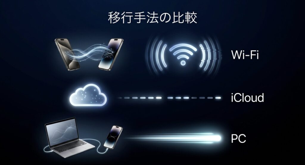 Wi-Fi、iCloud、PCを使ったiPhoneデータ移行手法の比較表