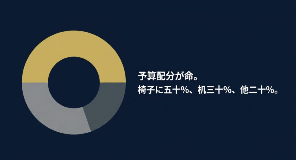 椅子に50%、机に30%、その他に20%を割り当てるデスク環境構築の予算配分円グラフ