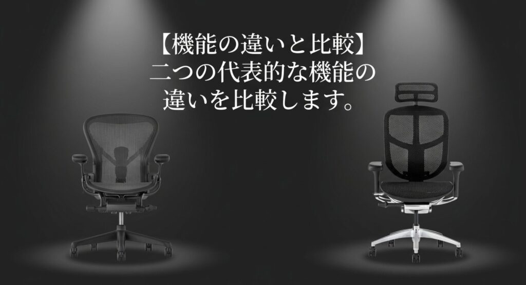 2つの代表的な高機能オフィスチェア、エルゴヒューマンとハーマンミラーの機能の違いを比較するスライド