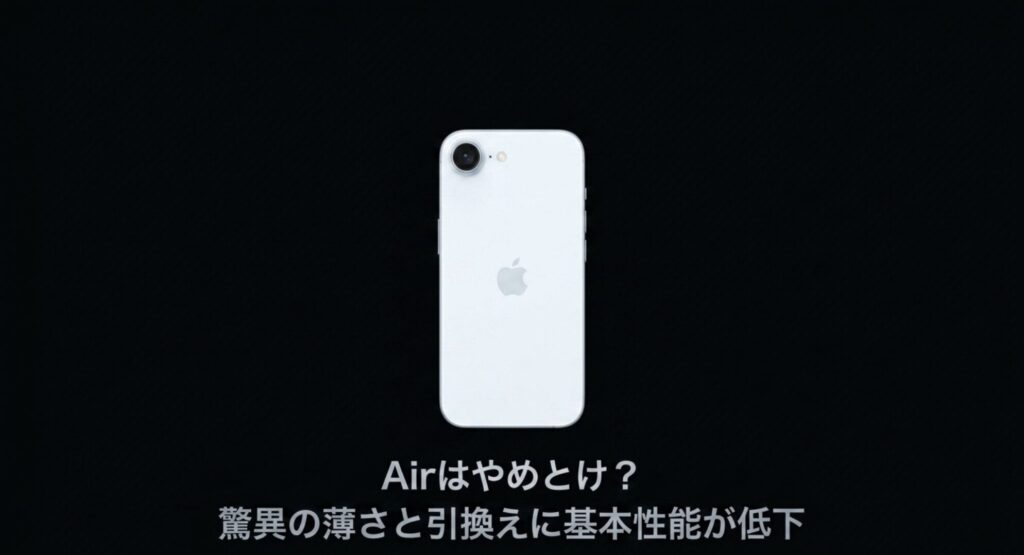 「Airはやめとけ？薄さと引換えに性能低下」の見出しスライド。