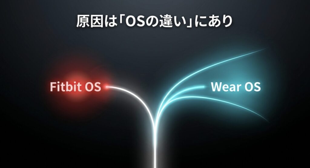 FitbitでPASMOが使えない原因がFitbit OSとWear OSの違いにあることを示すスライド