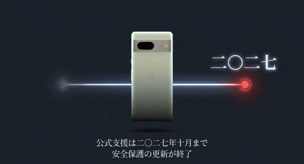 Google Pixel 7のセキュリティアップデートなど公式支援が2027年10月に終了することを示すスライド画像