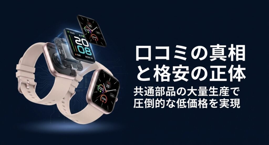 共通部品の大量生産によって圧倒的な低価格を実現しているという、サイカチスマートウォッチの安さの理由を説明するスライド