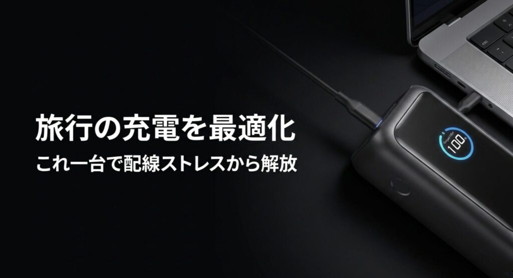 Anker165Wを1台持っていくことで旅行中の充電を最適化し配線ストレスから解放されることを示すスライド