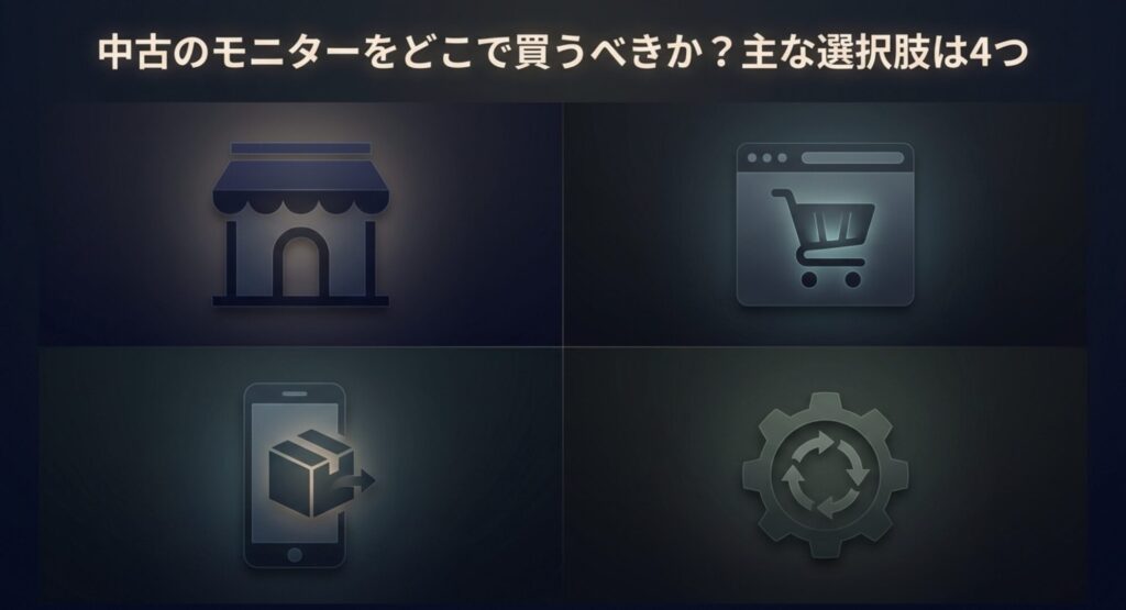 中古のモニターをどこで買うべきか？実店舗、オンライン、フリマアプリ、整備済み品の4つの選択肢を示すスライド