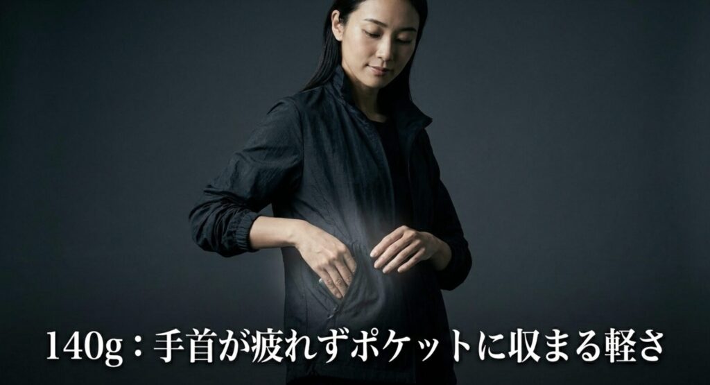 140g以下のスマホが手首が疲れずポケットに収まる軽さであることを説明するスライド