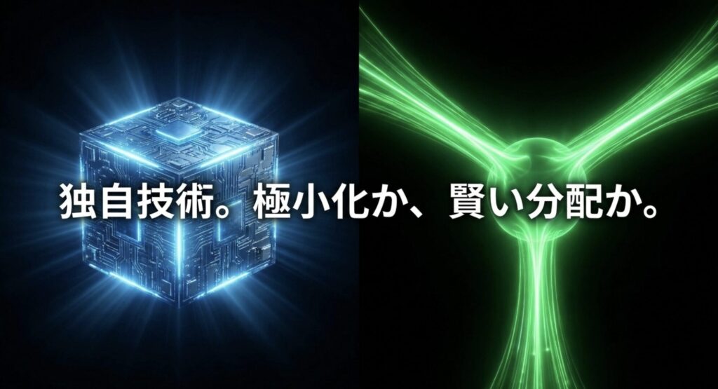 Ankerの極小化技術とAUKEYの賢い電力分配技術といった、両社の充電規格の違いを比較した画像
