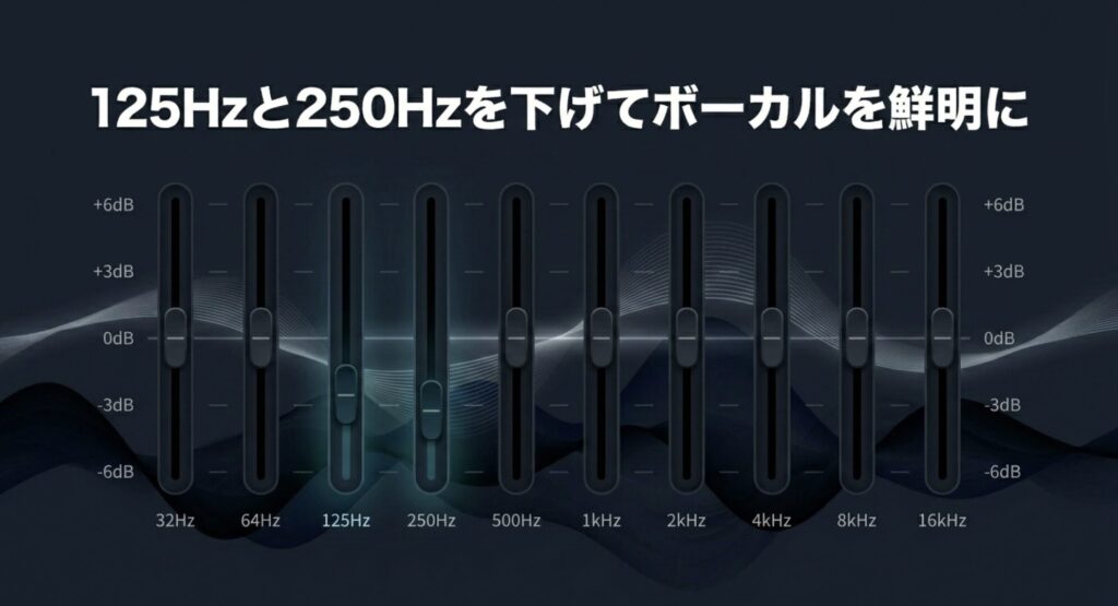 Redmi Buds 8 Liteのイコライザーで125Hzと250Hzを下げてボーカルを鮮明にする設定画面のグラフ