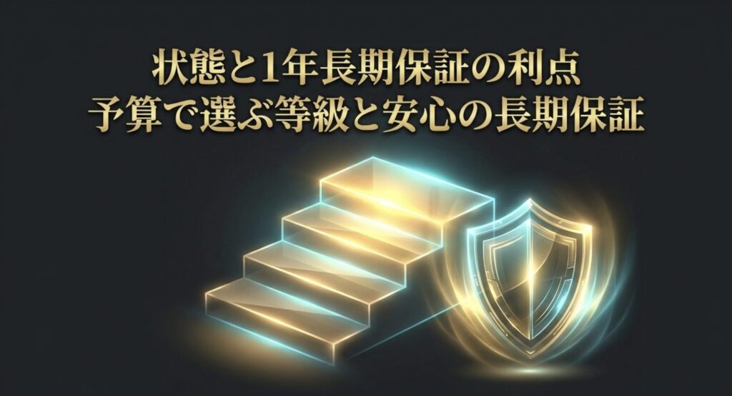 ダイワンテレコムの中古スマホの状態ランクと安心の1年長期保証のメリットを示すスライド画像