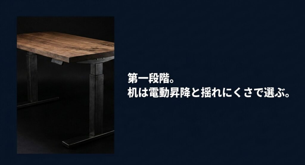 電動昇降と揺れにくさを重視するPCデスク選びのポイントを解説したスライドと木製デスクの画像