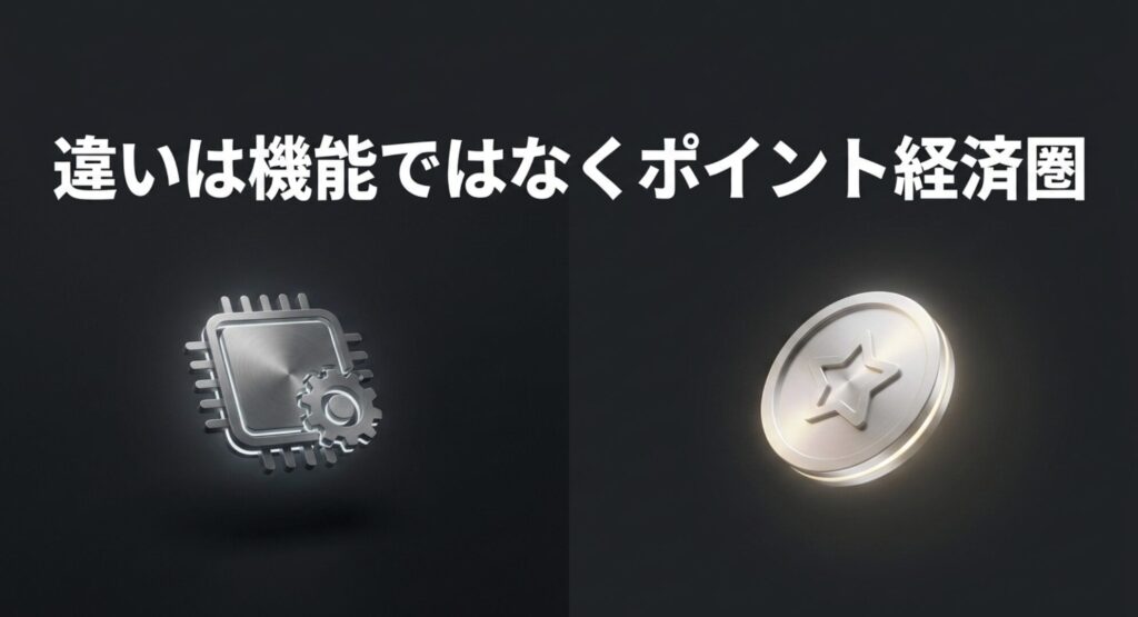 GarminにおけるPASMOとSuicaに機能的な違いはなく、貯まる乗車ポイントの経済圏が異なることを示す図解
