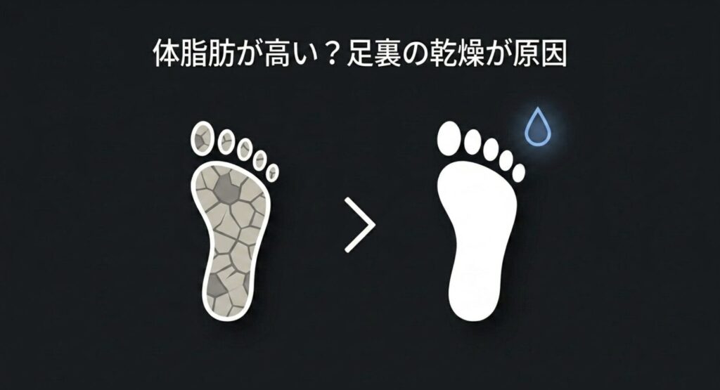体脂肪率が高く出る原因として、足裏の乾燥による電気抵抗を解説する図解スライド