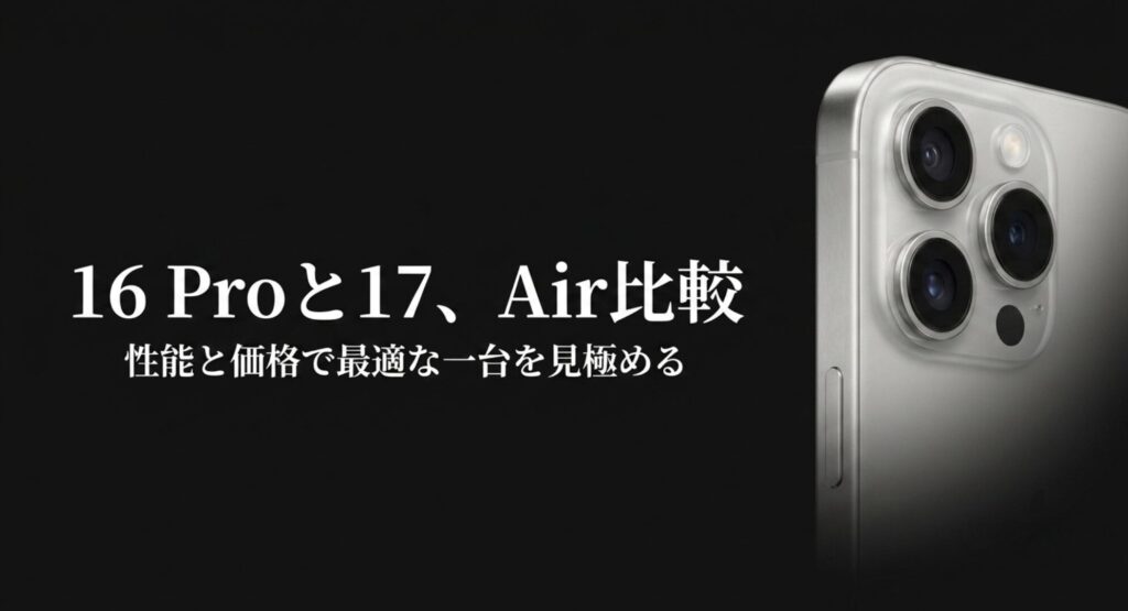 「16 Pro、17、Air比較」の見出しで性能差を示すスライド。