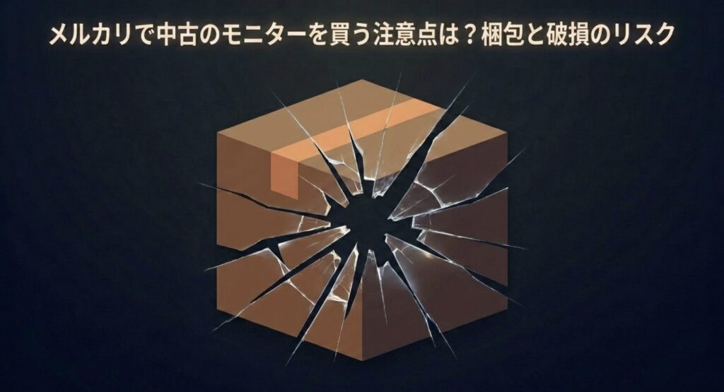 メルカリで中古のモニターを買う注意点として、適切な梱包がない場合の画面破損リスクを解説するスライド