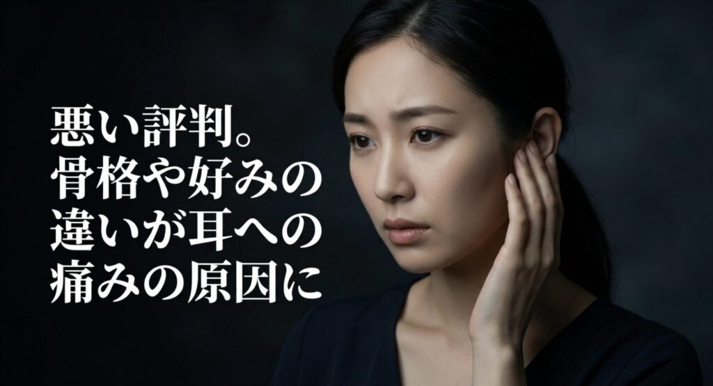 PALVの悪い評判を検証。骨格や好みの違いが耳への痛みの原因になることを解説したスライド画像