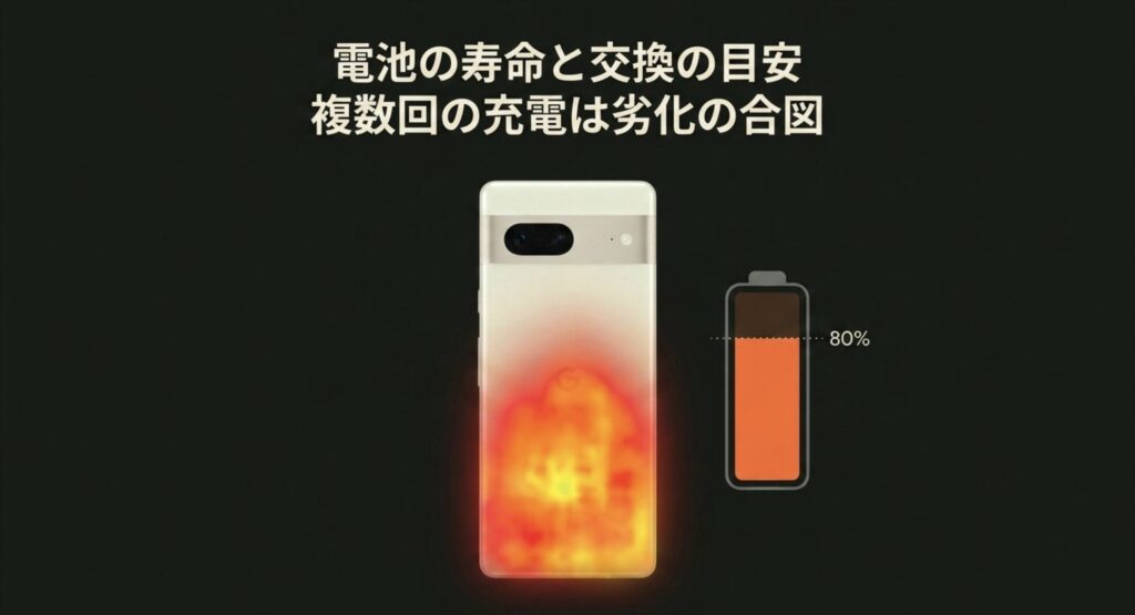 複数回の充電が必要になるなど、Pixel 7のバッテリー劣化と交換目安について解説したスライド画像
