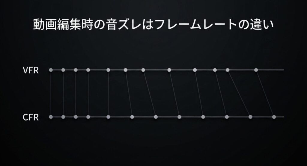可変フレームレート（VFR）と固定フレームレート（CFR）のタイミングのズレを図解した画像