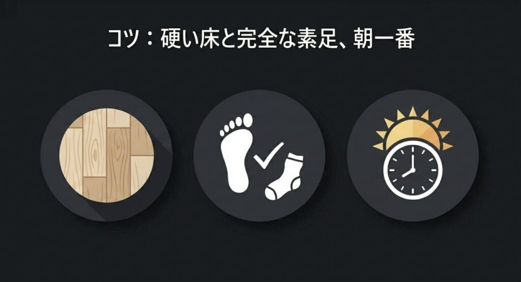体組成計を正確に測る環境作りのコツとして、硬い床、完全な素足、朝一番を推奨するスライド