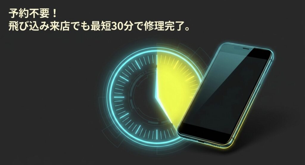 予約不要の飛び込み来店でも最短30分でiPhone修理が完了することを示す画像