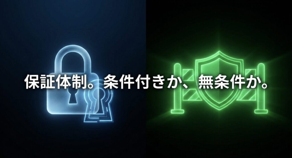 Ankerの条件付き保証とAUKEYの無条件保証という、両社のサポート体制の違いを比較した画像