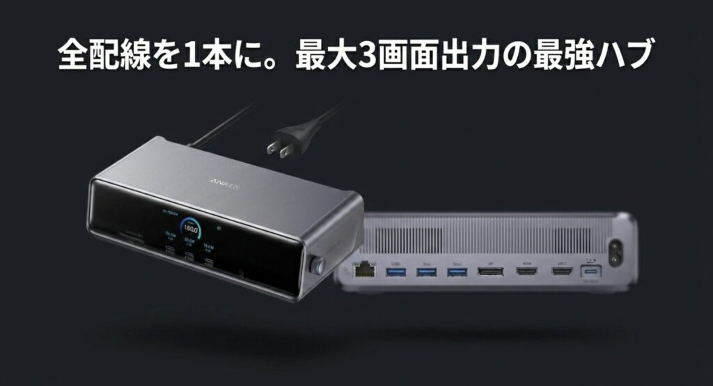 全配線を1本に集約し、最大3画面出力に対応するAnker Prime Charging Docking Stationの画像