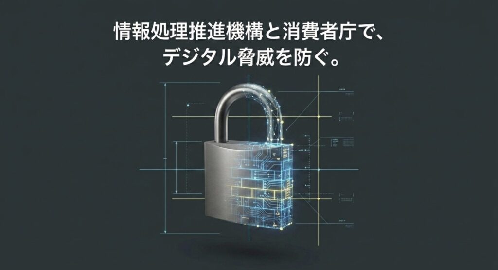 情報処理推進機構（IPA）と消費者庁によるデジタル脅威からの保護を示す南京錠のイメージ
