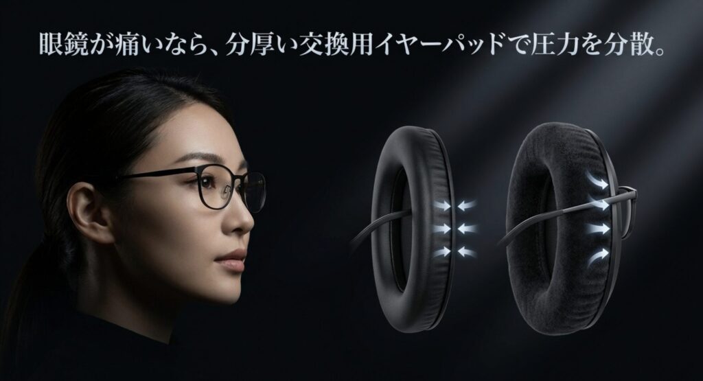 厚みのある交換用イヤーパッドで眼鏡のツルによる圧迫を分散させる改善策