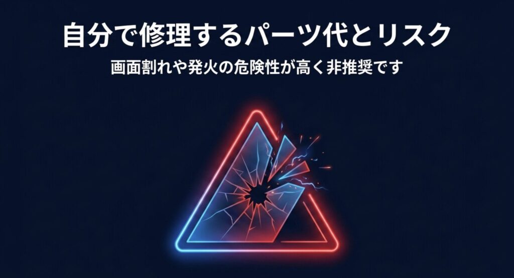 Fitbitを自分で修理する際の画面割れや発火リスクへの警告を示す画像