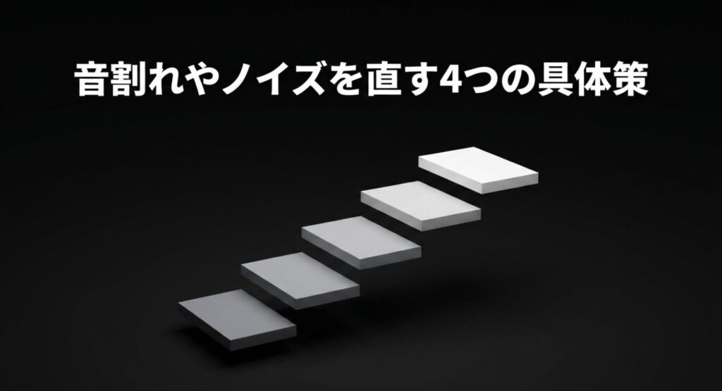 音割れやノイズを直すための4つのステップを示す階段状のイメージ画像