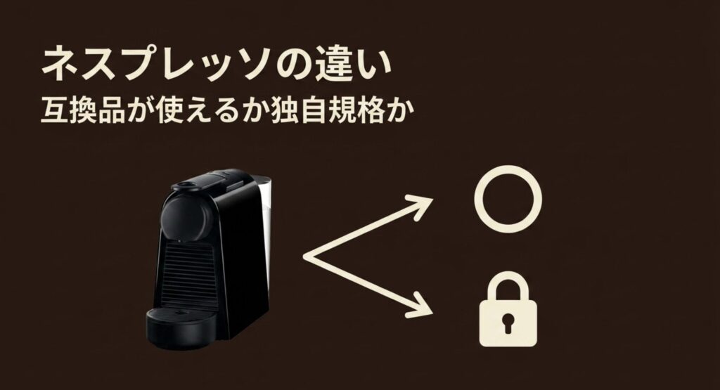ネスプレッソ本体から互換品利用の丸印と独自規格の南京錠アイコンへ分岐するイラスト